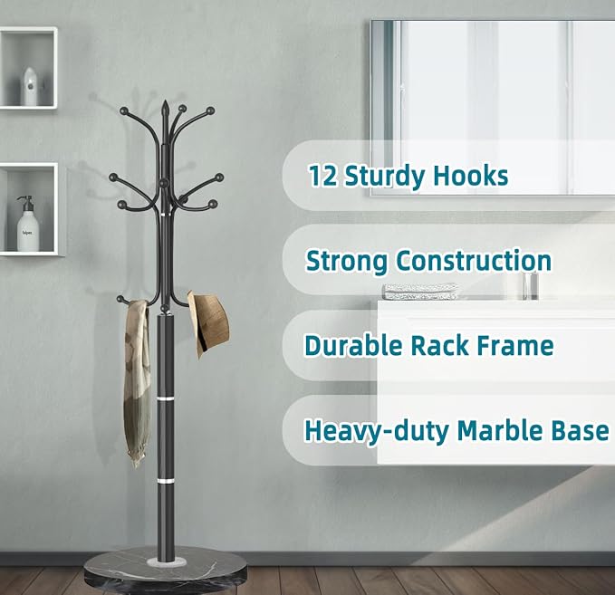 OIRUMIE Coat Rack,Coat Rack Stand with 12 Hooks,Coat Tree Stand for Corner | Coat Rack Freestanding with Natural Marble Base,Black Modern Coat Clothes Hall Tree Hanger Stand for Hallway,Entryway