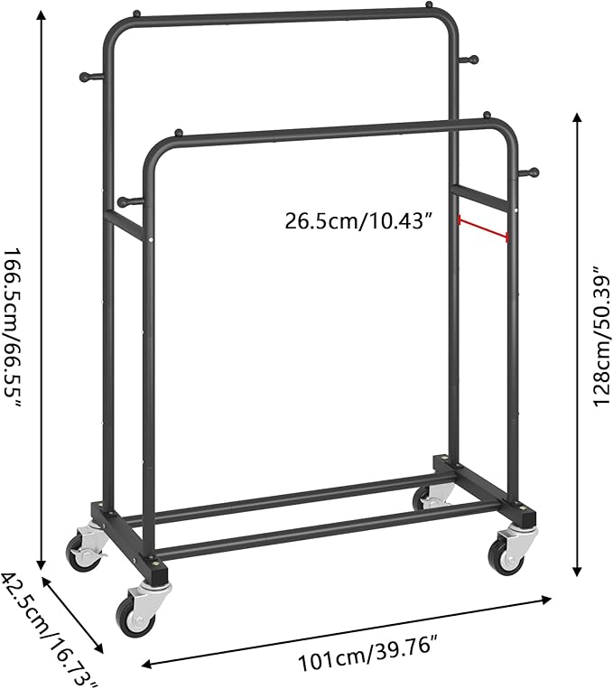 Laiensia Double Rods Garment Rack with Wheels, Clothing Rack for Hanging Clothes,4 Hooks, Multi-functional Bedroom Clothes Rack, Black