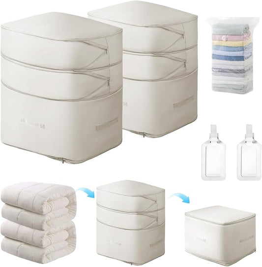 Comforter Storage Bag-Ultra Space Saving Large Self Compression Organizer for Comforters and Blanket,3-Layer Zipper Self-Compressing Organizer for Storage Bedding. (Beige, 2 Pack)