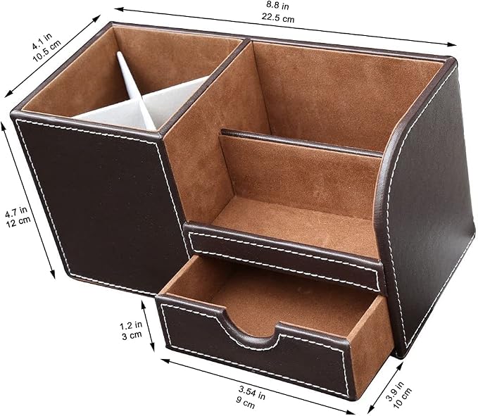 Desk Organizer Office Supplies Caddy Pu Leather Multi-function Storage Box Pen/Pencil,Cell phone, Business Name Cards Remote Control Holder with Small Drawer Brown