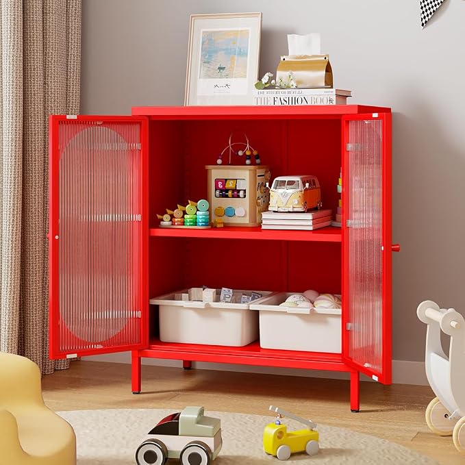 2 Translucent Door Metal Accent Storage Cabinet for Bedroom, Living Room, Office Room,Kitchen-Metal Locker Cabinet with 1 Adjustable Shelves-2-Tier (red)