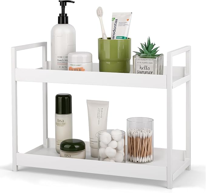 Bathroom Counter Organizer Vanity Storage Countertop Shelf, Large White | 2 Tier Makeup Organizer Perfume Tray Skincare Holder for Sink, Dresser, Kitchen