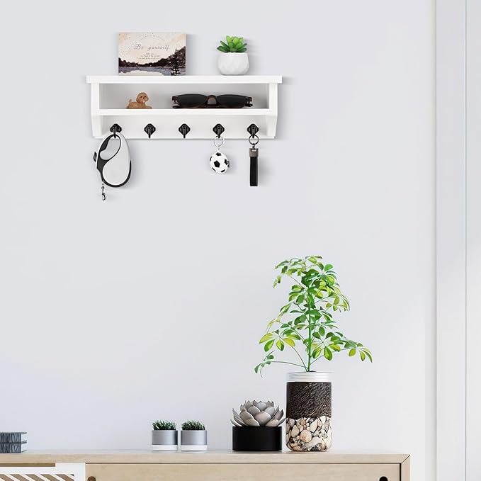Nekon Key Holder Wall Mount, Wall Organizer Shelf with 5 Key Hooks, Room Decor for Home and Apartment Essentials, White