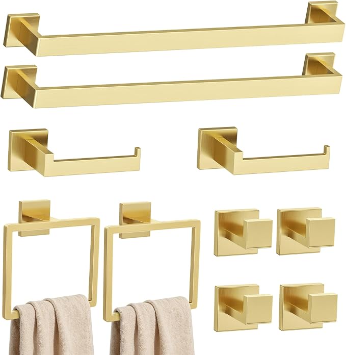 Brushed Gold Towel Bar Set 10-Piece Gold Bathroom Hardware Accessories Set,Stainless Steel Towel Rack Set for Bathroom Wall-Mounted,23.6-Inch