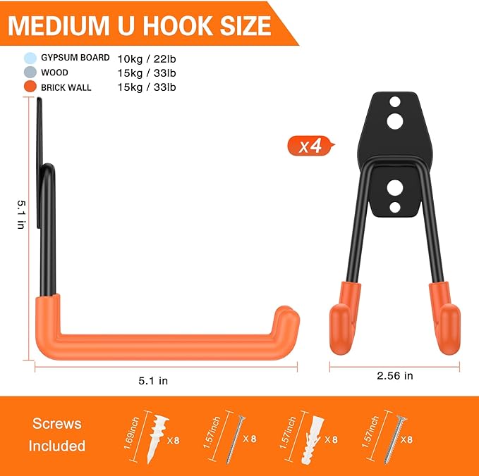 HUPBIPY Garage Hooks Heavy Duty 4 Pack, Wall Mount Ladder Hooks | 5.1in U Shaped Hanger, Storage Organizer With a non-slip coating For Hanging Bicycles, Garden Tools Hoses and Ropes (Orange)
