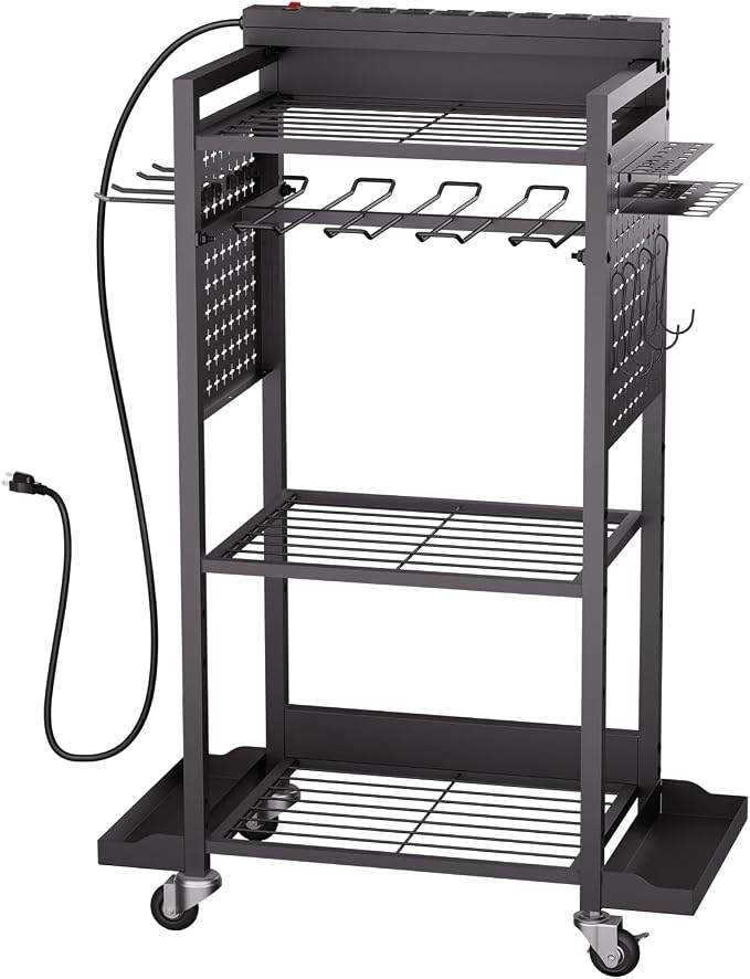 VEVOR 4-Tier Tool Organizer Cart with Charging Station, 8 AC Outlet, Floor Stand Rolling Drill Holder and Tool Battery Storage Rack on Wheels, Garage Floor Rolling Storage Cart for Workshop, Garage