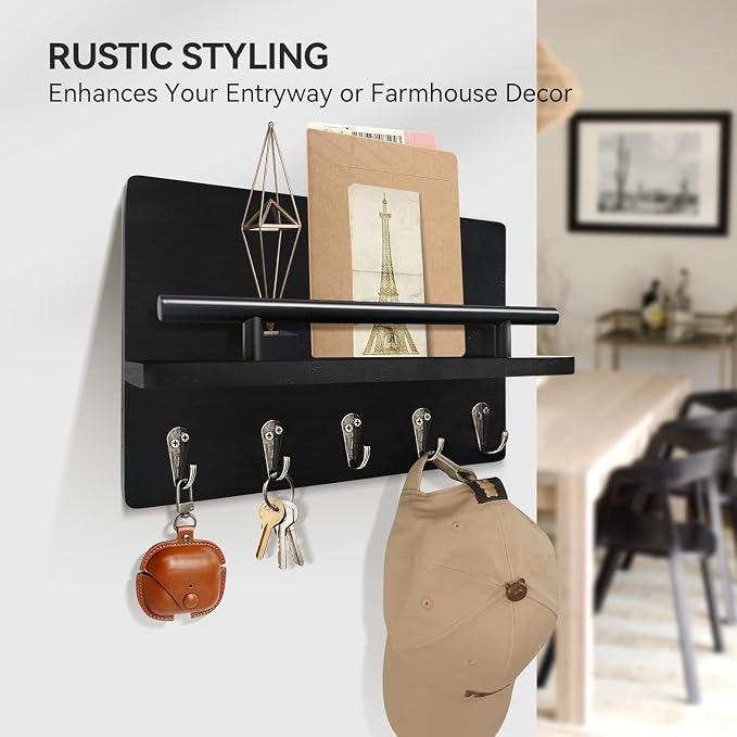 Key Holder Wall Mount with Shelf & 5 Sturdy Hooks, Rustic | Mail Organizer Hanging Dog Leash, Glasses, Wooden Key Hanger with Mounting Hardware