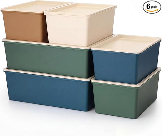 6 Pcs Large and Small Plastic Storage Bins with Lids 14.4 x 10.4 x 5.1 Inch Stackable Storage Containers Decorative Cubby Organizer for Clothes Shelves Garage Closet Office (Neutral color)