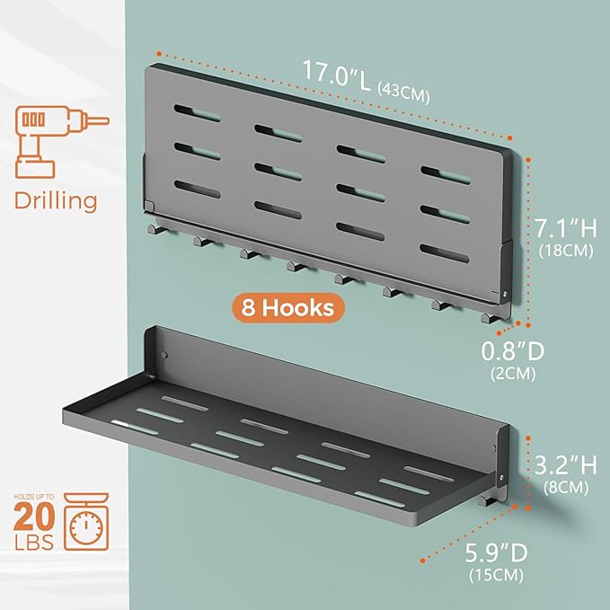 Folding Shelf with Hooks Wall Mount, Laundry Room Metal Shelves, Fold Up 90° and 8 Hooks, Foldable Storage Wall Shelf for Rv, Utility Room, Garage, Space Saving, Black（17.0", 2 Pack）