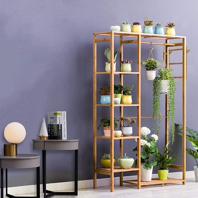 Ufine Bamboo Garment Rack with 6 Tier Storage Shelves & Hanging Rod | Heavy Duty Clothes Hanging Stand with Side Hooks, Portable Wardrobe Closet Organizer