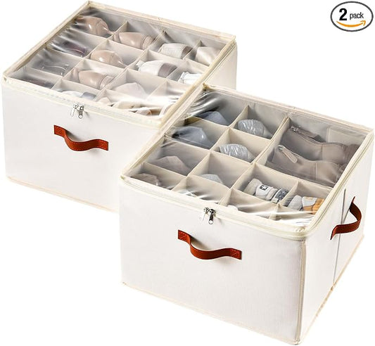 INSTY Shoe Organizer for Closet, 2 Pack Foldable Shoe Storage Containers, Fits up to 16-32 Pairs, Adjustable Dividers for Shoe Organizer, Fabric Shoe Storage Bins with Clear Cover, Beige