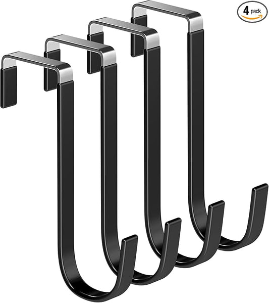 Single Over Door Steel Hooks 4 Pack Fit 1-3/8" Door 5.5" Black | Plastic Coated Rubber Feel Towel Rack Robe Coat Shoe Wreath Hanger No Damage No Scratch for Bathroom Heavy Duty Thin Top