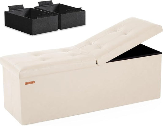 HAUSFRAU Ottoman with Storage Bench Folding Foot Rest Stool Linen Ivory | 43.3", Flip Lid, Foldable Large Footrest Footstool, Bedroom Bench, Living Room Dorm Ottoman, Faux Leather, Upholstered