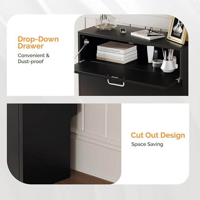 VINGLI Shoe Cabinet Storage for Entryway,Black Small Narrow Shoe Rack,25" W | 8–12 Pairs,Skirting Board Cutout,Drop-Down Drawer,9.4"D Slim,Modern Black,2 Flip Drawers,Adjustable & Removable Shelf