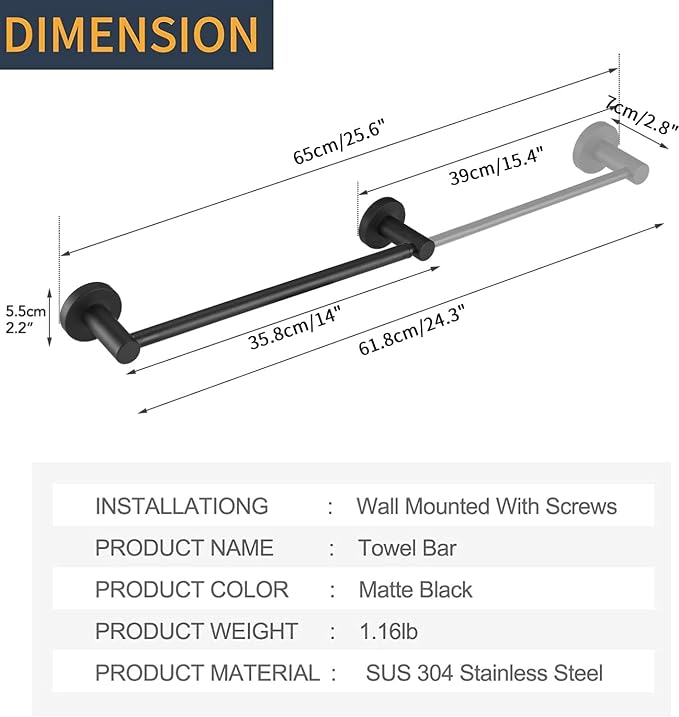 BESy Towel Racks for Bathroom Wall Mounted Bath Towel Bar Matte Black | Adjust 15" to 26" Rustproof, Stainless Steel Towel Holder, Wall Mounted for Bathroom Accessories, Heavy Duty, Space Saving