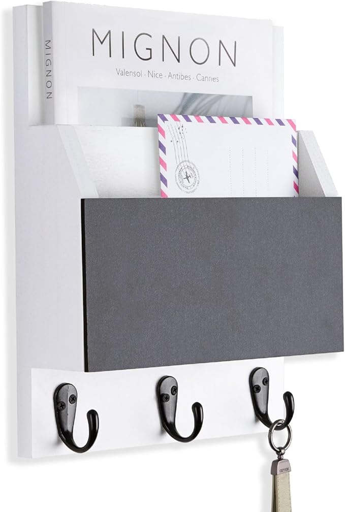 Key and Mail Holder for Wall Mount, Entryway Mail Holder with 2 Slot, Key Holder with 3 Sturdy Hooks for Coat, Dog Leash, Decorative Key Rack (8.86”W x 11.42”H x 3”D) (White)