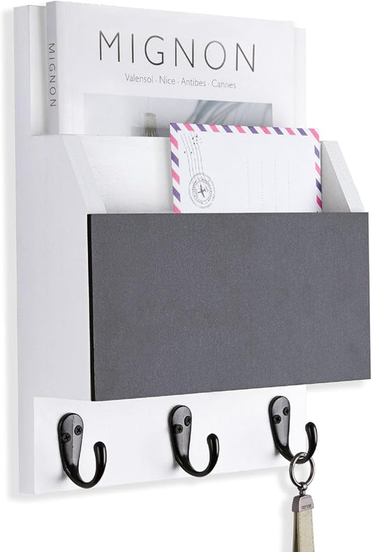 Key and Mail Holder for Wall Mount, Entryway Mail Holder with 2 Slot, Key Holder with 3 Sturdy Hooks for Coat, Dog Leash, Decorative Key Rack (8.86”W x 11.42”H x 3”D) (White)