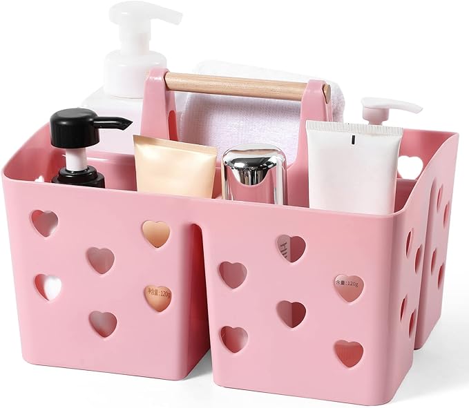Portable Shower Caddy Plastic Shower Basket Organizer with Handle, Pink | Divided Bathroom Caddy Storage Cleanning Caddy Tote for College, Dorm Room, Kitchen