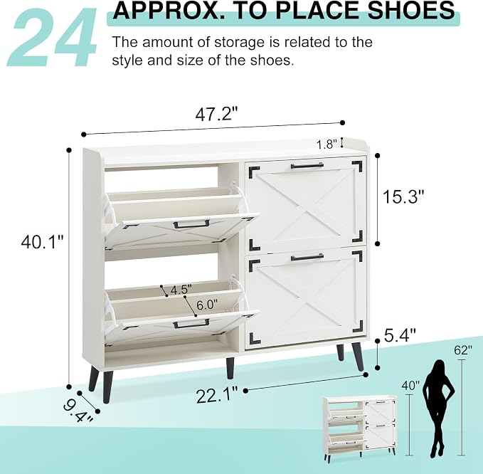 Barnyatoh Shoe Storage Cabinet,Farmhouse Shoe Organizer with 4 Flip Drawers & Barn Door Design,Freestanding Hidden Slim Narrow Shoe Rack Cabinet for Entryway,Foyer,Hallway,Antique White