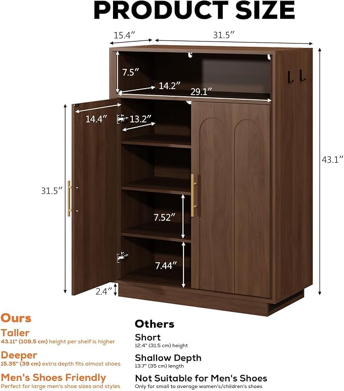Shoe Cabinet with Arched Doors, 43" Hidden Shoe Storage, Walnut | Tall Large, Adjustable Shelves, 5-Tier Mid Century Modern Shoe Rack Organizer, for Entryway Hallway Living Room