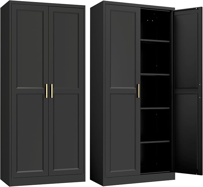 SteeLoong Kitchen Pantry Cabinet,71”Black Metal Pantry Storage Cabinet with Doors and 4 Adjustable Shelves,Kitchen Cabinet with 2 Gold Handles,Tall Cabinet for Livingroom,Pantry, Bathroom