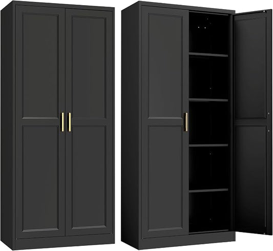 SteeLoong Kitchen Pantry Cabinet,71”Black Metal Pantry Storage Cabinet with Doors and 4 Adjustable Shelves,Kitchen Cabinet with 2 Gold Handles,Tall Cabinet for Livingroom,Pantry, Bathroom