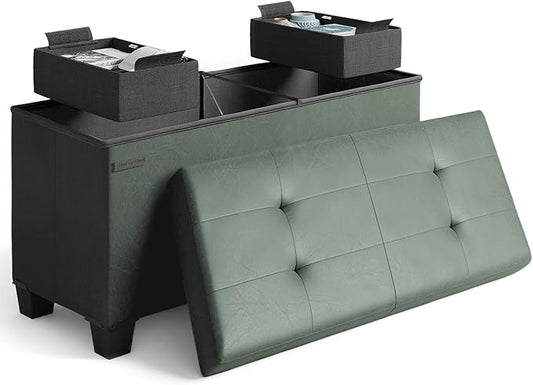 Storage Ottoman Bench with Bins, 30-in Storage Bench for Bedroom End of Bed, Folding Foot Rest Ottoman for Living Room Max 660lbs, Leather Ottomans, Green