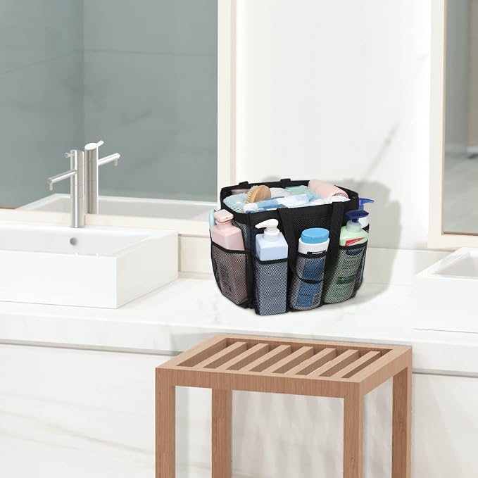Mesh Shower Caddy Portable - 8 Pockets Extra Large Shower Bag for Dorm | S-Hook, Quick-Dry, Hanging Toiletry Organizer, College Dorm Room Essentials for Girls, Gym, Travel & Bathroom, Black