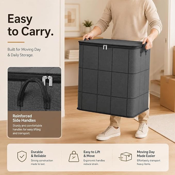 Upgrade Spacious Moving Storage Bin - Large Capacity Zippered Fabric Organizer for Bedding & Clothes, Foldable Blanket Bag with Reinforced Handles for Quilts, Comforters & Moving Day，2Pcs：XL