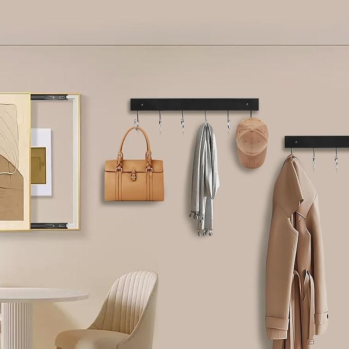 2-Pack Coat Rack Wall Mount, 14.6" Wooden Wall Hooks, 12 Rotating Hooks | Wooden coat rack; for coats, purses, hats, jackets, towels; space-saving entryway, hall & apartment storage, Black