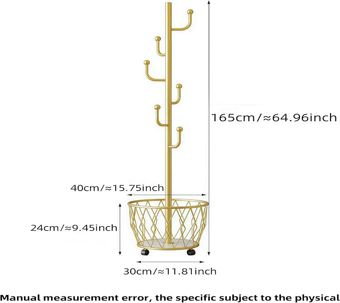 Gold Moveable Cactus Metal Coat Rack with Basket Freestanding 65inch | Modern Organizer for Scarf Jacket Hat Bags Ideal for Home Entryway Bedroom Corner Stable