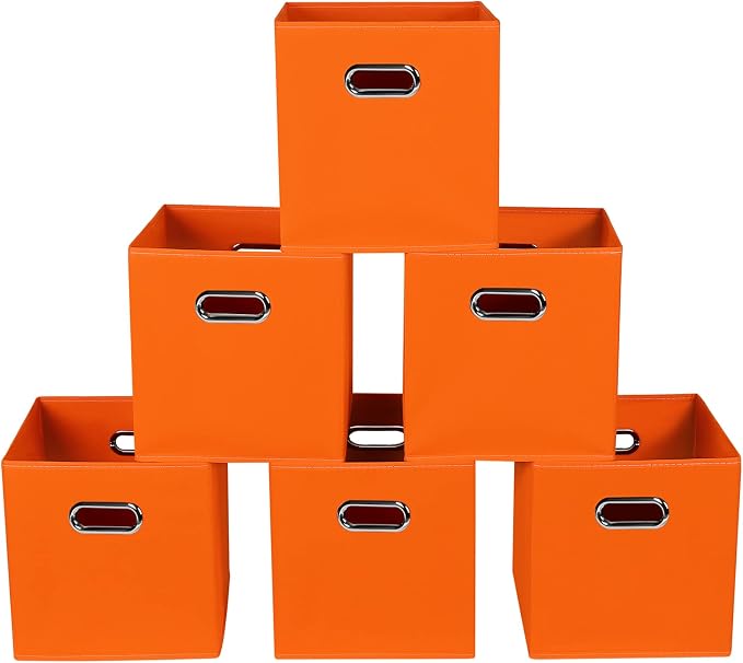 Fabric storage bins Cubes, Fabric Cube Organizer with Handle, Foldable Cube Bins for Cloth or Accessary Storage, 11x11x11, Set of 6, (Orange)
