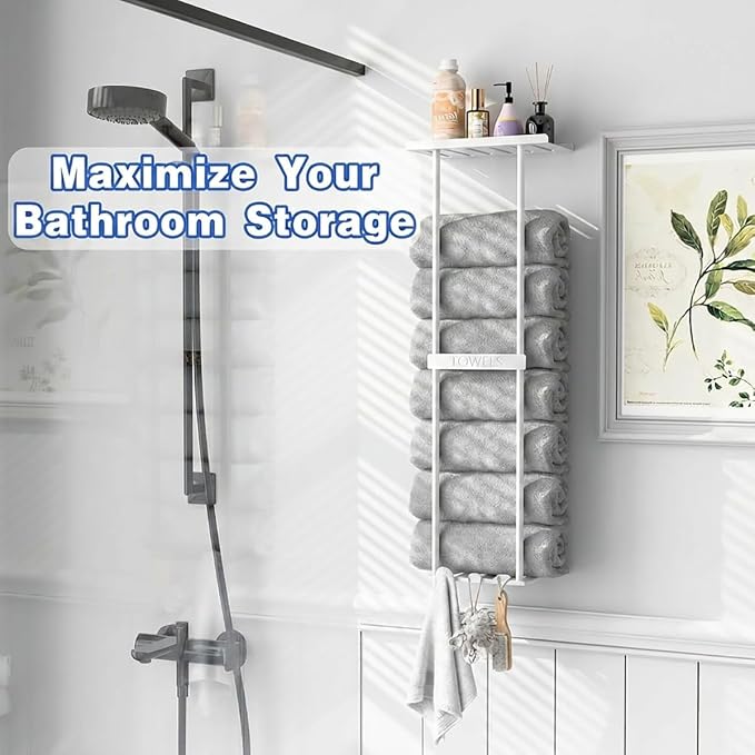 2-Tier Wall-Mounted Towel Rack with Hooks & Shelf, Black Metal Towel Holder for Small Bathrooms (White)