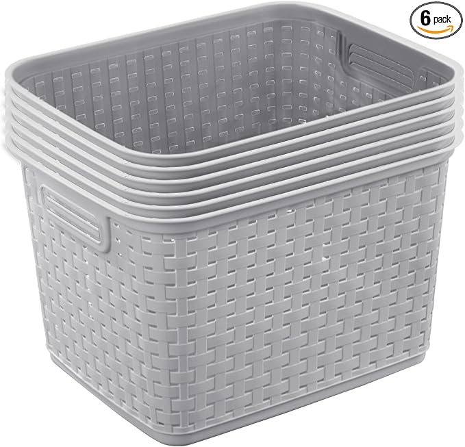 Sterilite Tall Weave Basket, Rectangular Plastic Décor Bin, Gray, 6 Pack | Multi-Purpose and Decorative Organizer for Clothes, Shelves, Closets, Pantries, Living Rooms or Offices