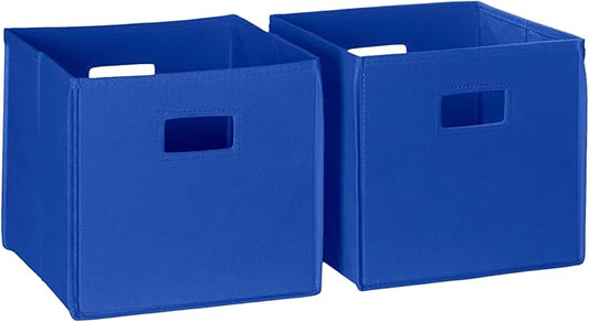 RiverRidge Folding Storage Bins - 2-pack of 10in Tall Blue Cubes | Fabric Bins, Set of 2 Storage Cubes, Cut-out Handles, Playroom Closet Organizer, Collapsible Cubby with Bottom Board Insert