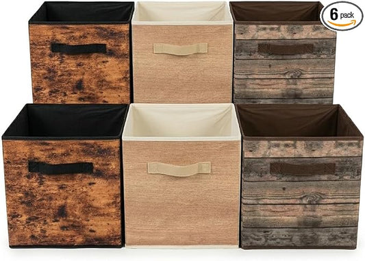 SUREMAX 11 Inch Storage Cubes 6 Pack, Wood Grain Collapsible Storage Bins with Bottom Support, Fabric Cube Storage Organizer for Closet Shelves and Bedroom, Square Box with Fabric Handles