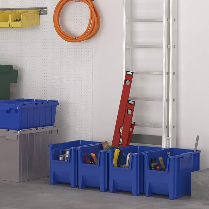 Akro-Mils 13014 Stak-N-Store Stackable Storage Bins, Heavy Duty Garage Storage Containers, Open Front Plastic Organizer for Tools, Shelves, Closet Organizer, 17-/12" x 11" x 12-1/2", Grey, 4-Pack