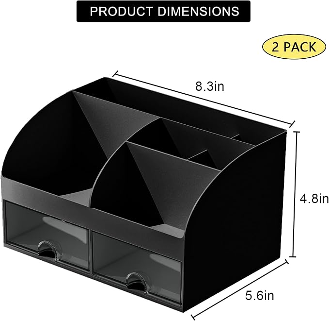 COMFYROOM Desk Organizer with 6 Compartments and 2 Drawers, Plastic Makeup Organizer, Pen Holder for Desktop Storage, Desk Organization for School, Home, Office Supplies Black-2Pack