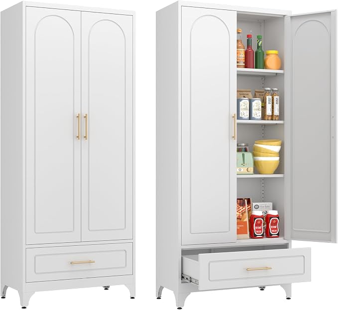 Polup 75" Metal Storage Cabinet, Tall Kitchen Pantry Cabinet with 1 Drawer | White Heavy-Duty Steel Cupboard, 2 Doors, 3 Adjustable Shelves, Magnetic Latch, Gold Handles, for Dining Living Room, Laundry
