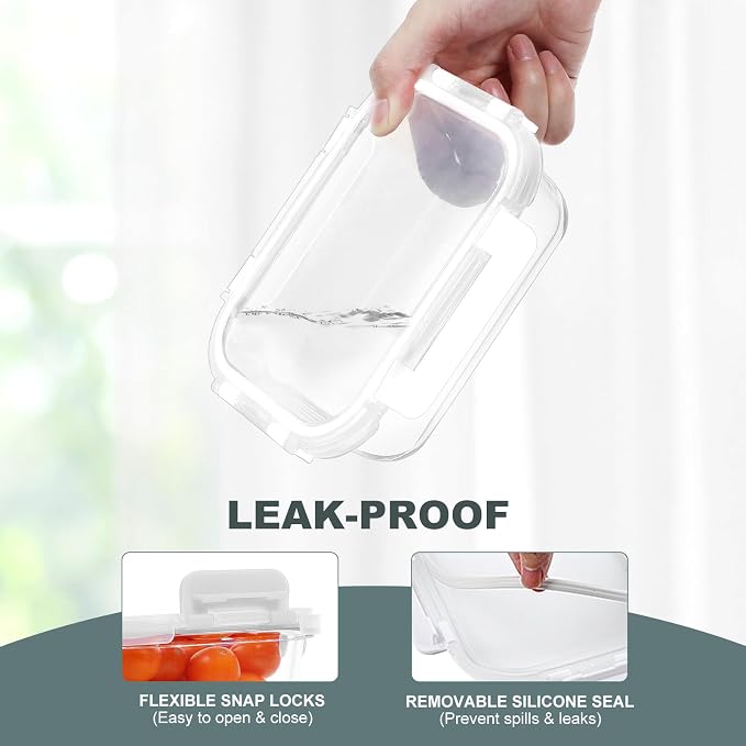 10 Packs 22 oz Glass Meal Prep Containers with Lids, White | Glass Food Storage Containers with Snap Locking Lids, Airtight Lunch Boxes, BPA-Free, Microwave, Oven and Freezer Safe