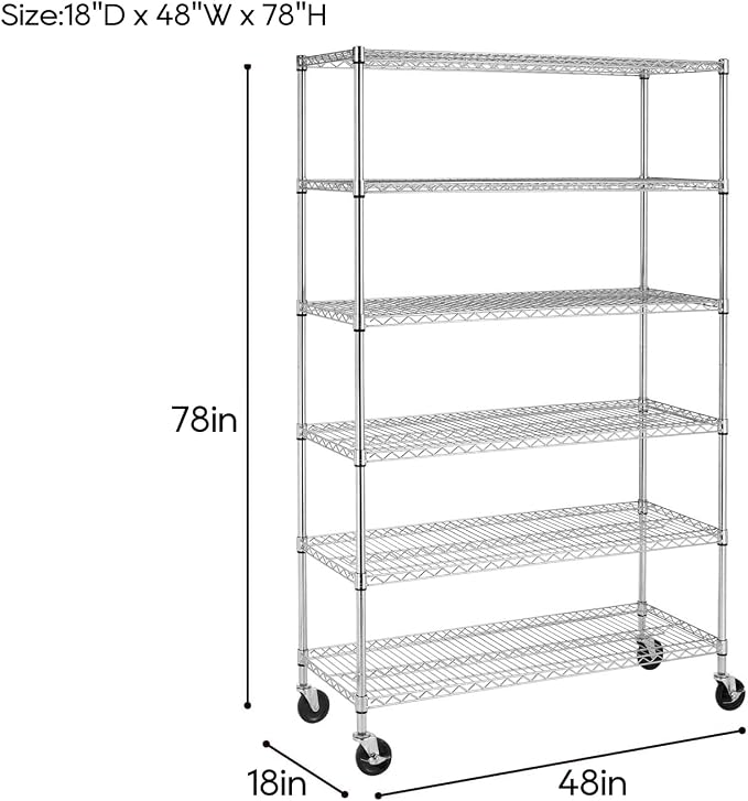 BestOffice | 6-Tier Wire Shelf with Wheels | 18" x 48" x 78" | Chrome | Storage Shelves with Adjustable Racks, Holds upto 600 lbs | Rust-Resistant, No-Tool Assembly | For Home, Garage