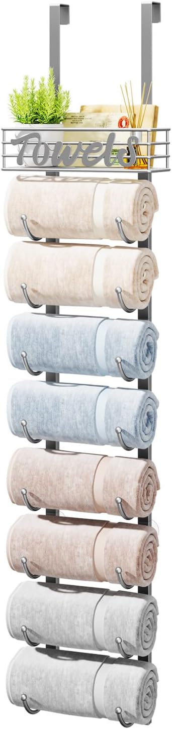 HapiRm Towel Racks for Bathroom Storage - 9 Tier Over The Door & Wall Mount Rolled Towel Storage Organizer Holder with Metal Shelf Basket for Small Bathroom, Camper, Rv - Sliver, Patented