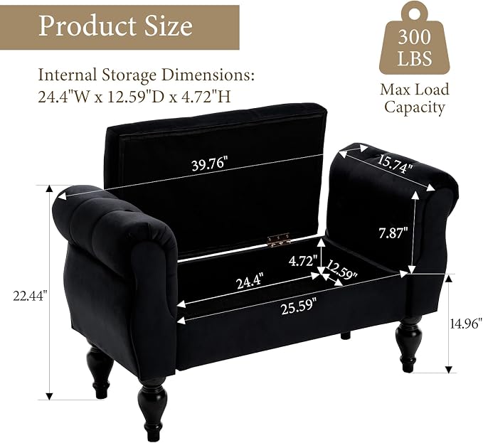 Storage Bench with Arms End of Bed Bench,Velvet Entryway Bench with Storage, Button Tufted Upholstered Ottoman Bench Wood Legs, Window Sitting Bench for Bedroom/Living Room/Hallway, Black