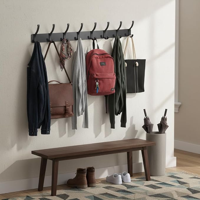 Wall Mount Coat Rack 2 Pack, Black Coat Hooks Hanger with 6 Double Hooks | Zinc Alloy, Smooth Hook Edges, Screw Installation, Double Hooks，Greater Storage Space for Hanging Robes, Clothes, Bags, Hat