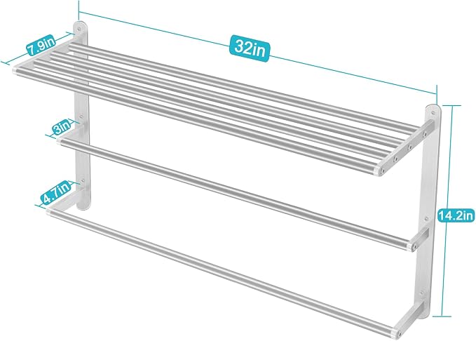 32 inch Towel Racks for Bathroom, VOTZAAQ Towel Shelf with Double Towel Bar, Stainless Steel Towel Storage for Lavatory Wall Mounted, 3-Tier Towel Hanger Towel Holder, Brushed Nickel