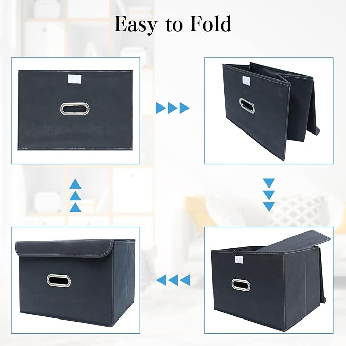 STOREONE Fabric Storage Cube Bins Foldable Organizer Container Collapsible Basket with Lids and Metal Handles, for Home, Bedroom, Closet 6 Pcs (Grey)