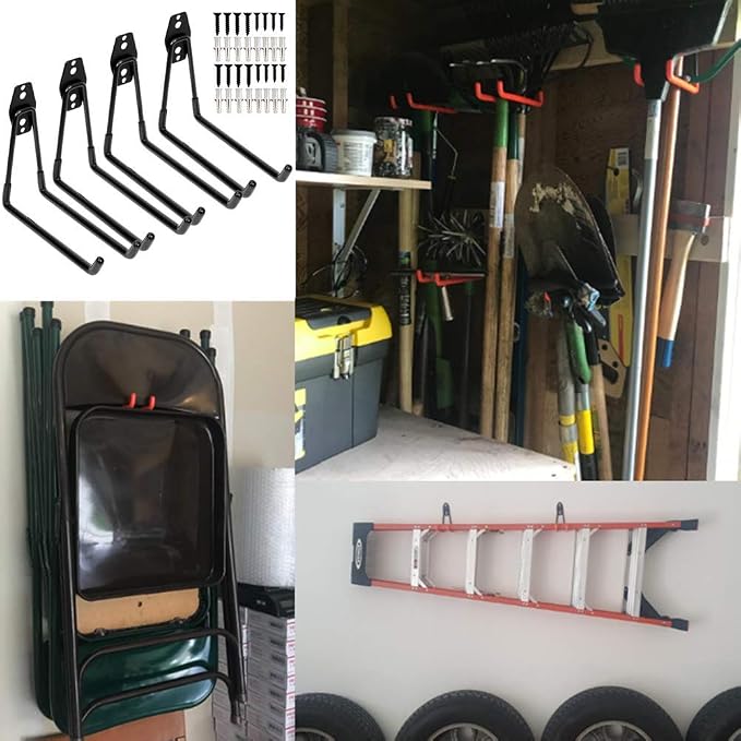 Heavy Duty Garage Storage Utility Double Hooks,Extended Wall Mount Tool Holder Organizer for Ladders,Bike,Chair (4 Pack Black 7.5" Large U Hook)