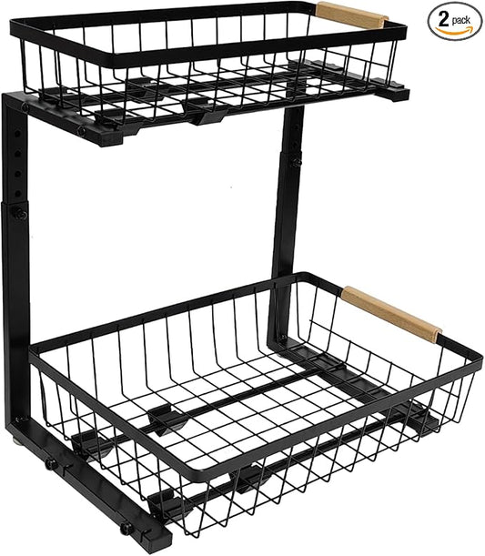 2-Tier Pull-Out Under Sink Organizer, Height Adjustable Sliding Shelf, Heavy Duty Carbon Steel, Wooden Handle & Suction Cup Base, Rust-Proof & Anti-Shake, for Kitchen Bathroom, Black (black)