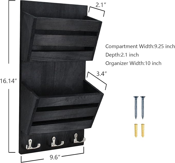 Unistyle Rustic Mail Organizer Wall Mount with 4 Key Hooks,Mail Holder Wall Mounted，Hanging Mail Organizer,Letter Holder for Wall,Key Hanger for Letter, Magazines, Keys, Dog Leashes