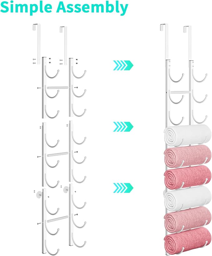 HapiRm Rolled Towel Racks for Bathroom - 9-Tier Over The Door & Wall Mounted Bathroom Towel Storage, Hanging Metal Organizer for Towels & Bath Sheets, Space Saving Rack for Bathroom, Camper, RV, White